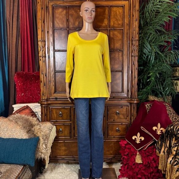 NWOT Isaac Mizrahi Live! Yellow Pima Cotton 3/4 Sleeve Side Slit Scoop Neck Top - Picture 7 of 14
